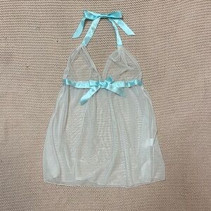 ✰ white mesh babydoll top with blue ribbon tie details ✰